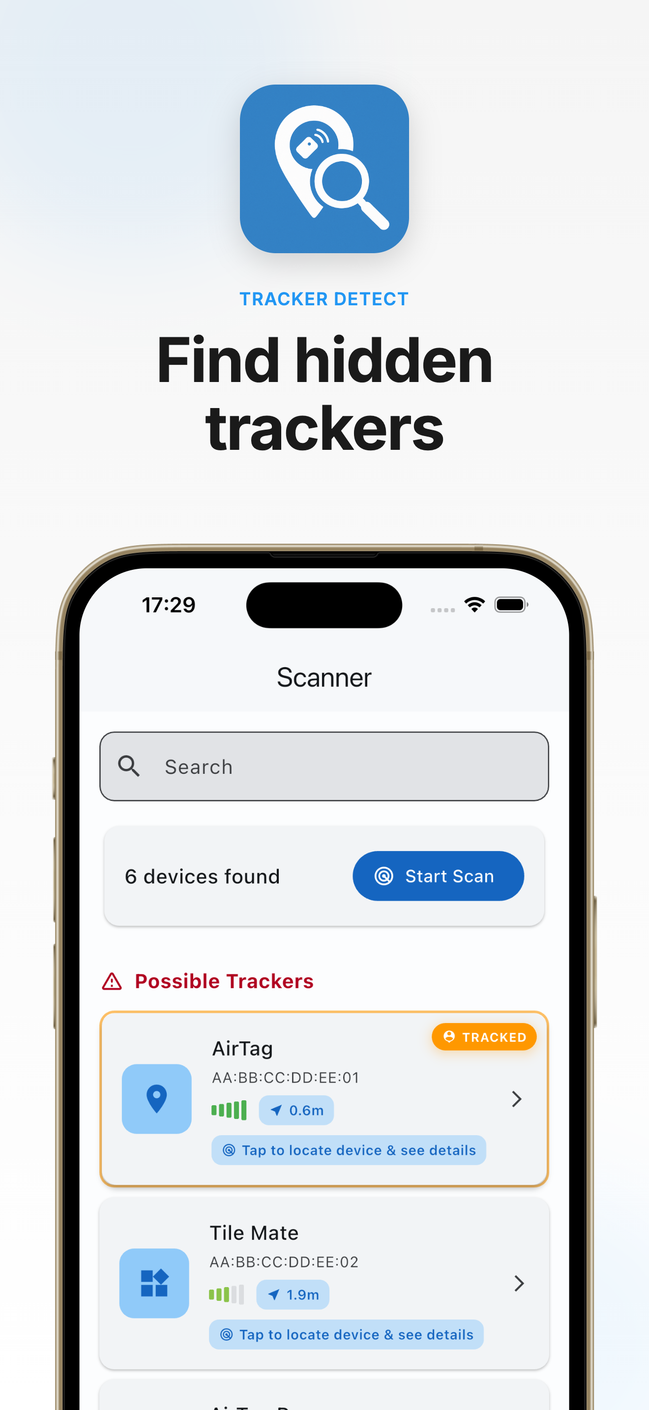 Tracker Detect app screen showing nearby tracking devices